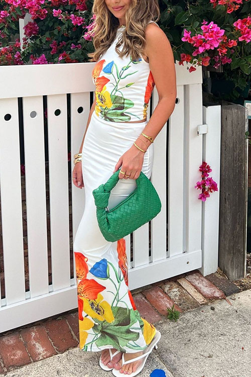 Nonnadress Casual Vacation Positioning Flower Sleeveless Dress Two Piece Set