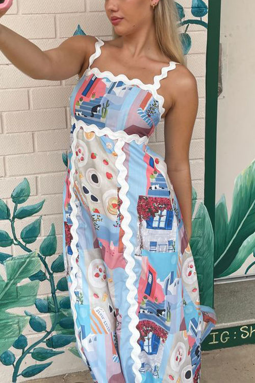 Nonnadress Halter Printed Lace Patchwork Dress