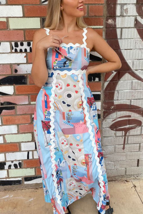 Nonnadress Halter Printed Lace Patchwork Dress