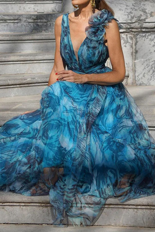 Nonnadress Floral Print Blue Swing Dress