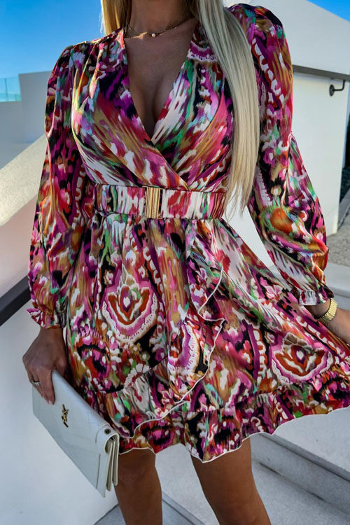Nonnadress Printed Cinched Waist V-Neck Long Sleeve Dress
