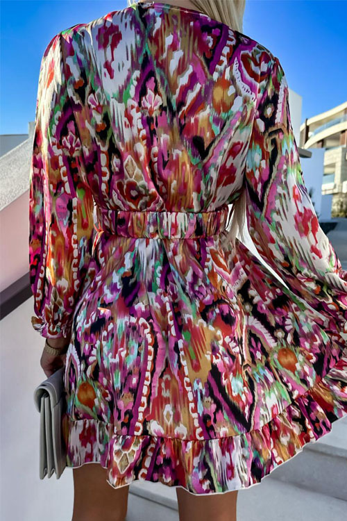 Nonnadress Printed Cinched Waist V-Neck Long Sleeve Dress
