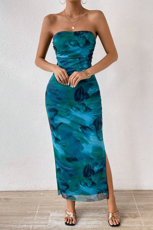 Nonnadress Mesh Floral Pleated Split Sheath Dress