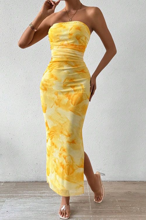 Nonnadress Mesh Floral Pleated Split Sheath Dress