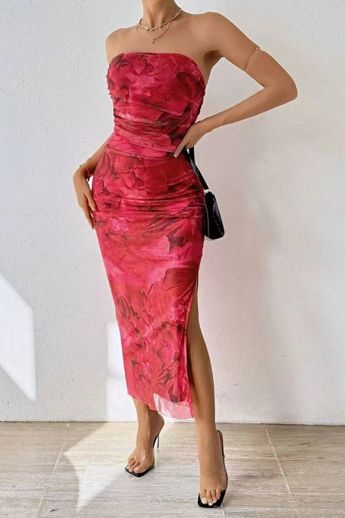 Nonnadress Mesh Floral Pleated Split Sheath Dress