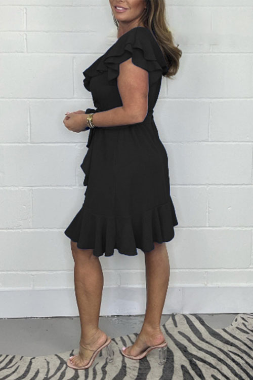 Nonnadress V-neck Waist-slimming Skirt Ruffle Solid Color Dress