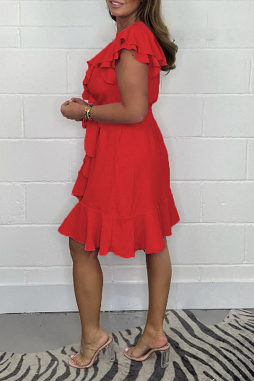 Nonnadress V-neck Waist-slimming Skirt Ruffle Solid Color Dress