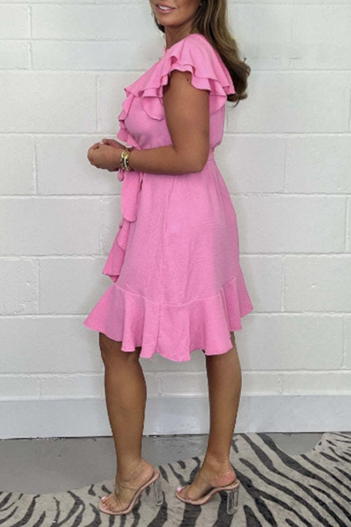 Nonnadress V-neck Waist-slimming Skirt Ruffle Solid Color Dress