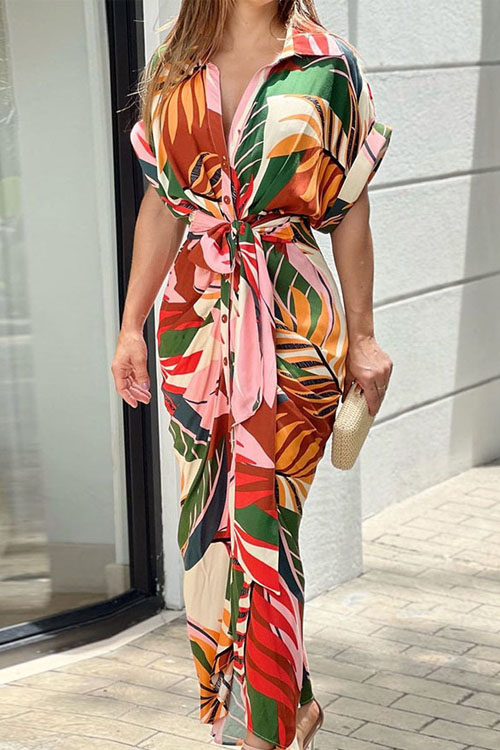 Nonnadress Printed High-waisted Lace-up Shirt Dress