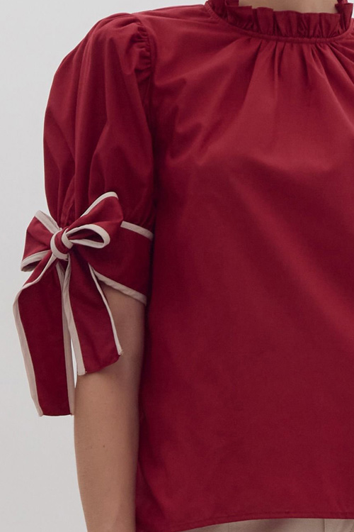 Nonnadress Satin Ruffle Neckline Bow Tie Cuff Top