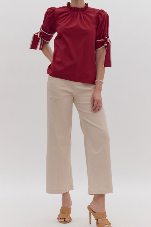 Nonnadress Satin Ruffle Neckline Bow Tie Cuff Top