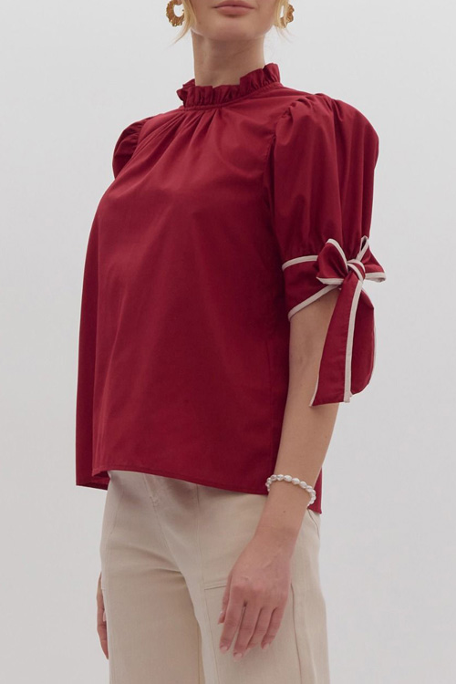 Nonnadress Satin Ruffle Neckline Bow Tie Cuff Top