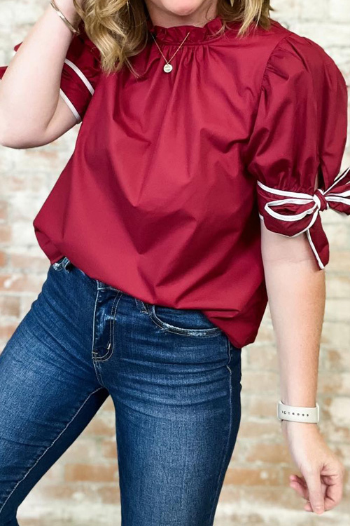 Nonnadress Satin Ruffle Neckline Bow Tie Cuff Top