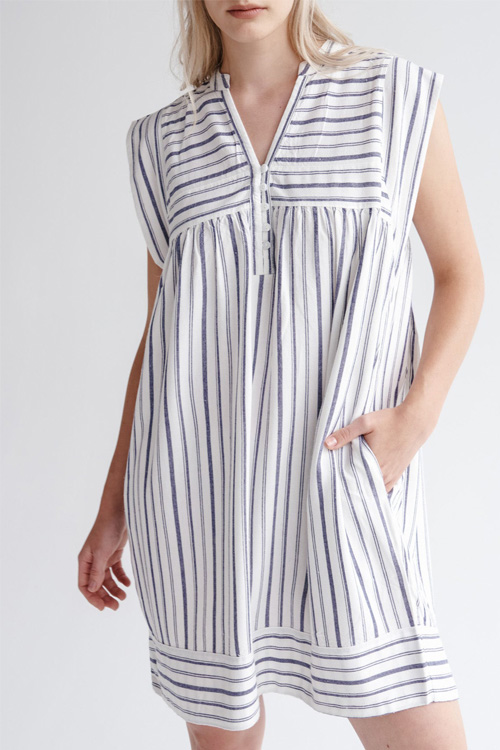 Nonnadress Simple Cotton Striped Double Side Pocket Short Sleeveless Dress
