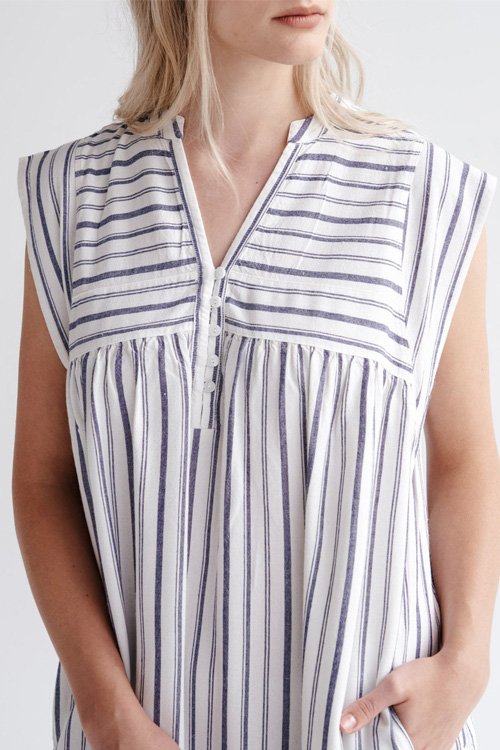 Nonnadress Simple Cotton Striped Double Side Pocket Short Sleeveless Dress