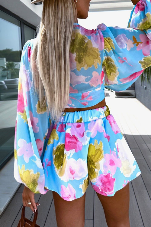 Nonnadress Ruched Lantern Sleeve V-neck Blouse with Elastic Waist Shorts Set