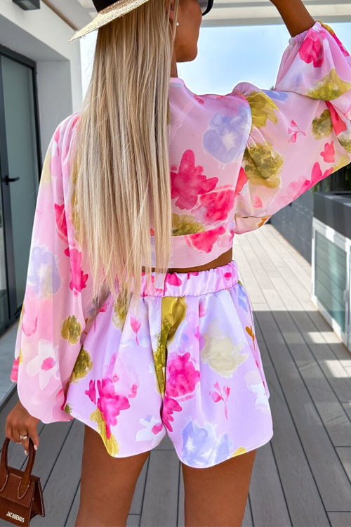 Nonnadress Ruched Lantern Sleeve V-neck Blouse with Elastic Waist Shorts Set