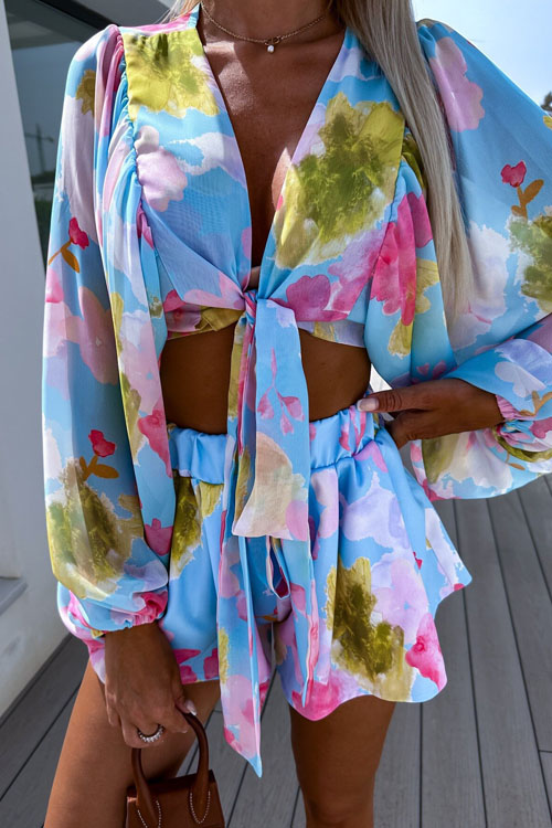 Nonnadress Ruched Lantern Sleeve V-neck Blouse with Elastic Waist Shorts Set