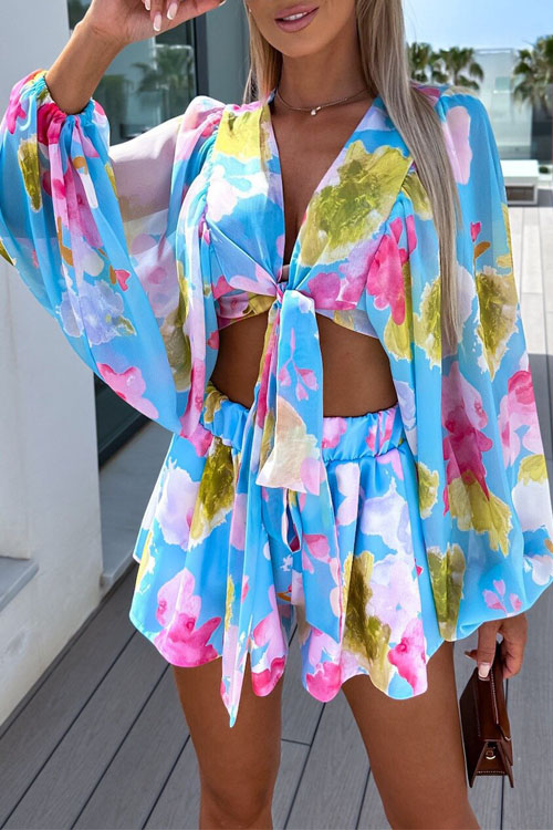 Nonnadress Ruched Lantern Sleeve V-neck Blouse with Elastic Waist Shorts Set