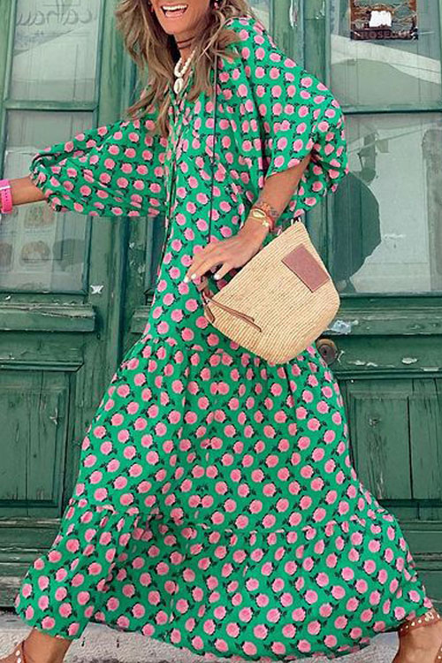 Bohemian Lantern Sleeves Long Print Swing Dress
