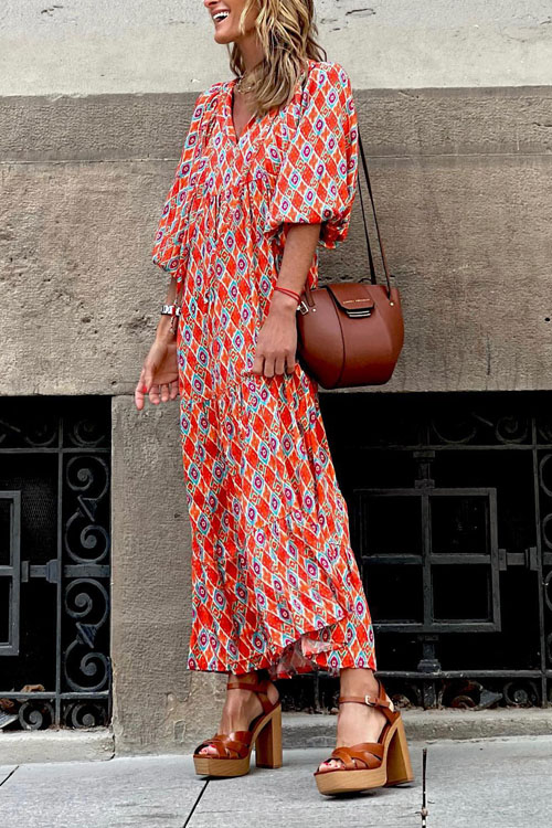 Bohemian Lantern Sleeves Long Print Swing Dress