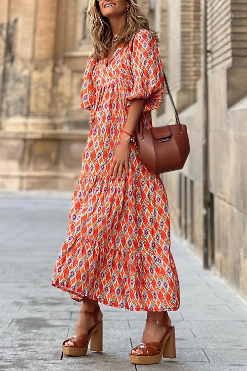 Bohemian Lantern Sleeves Long Print Swing Dress