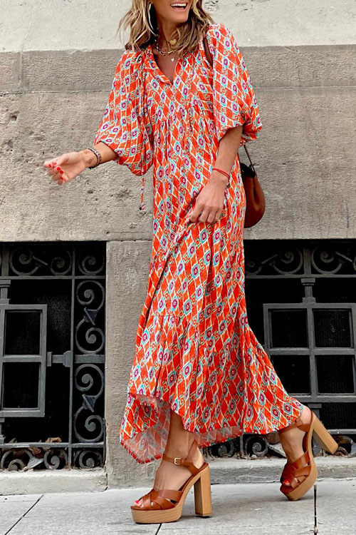 Bohemian Lantern Sleeves Long Print Swing Dress