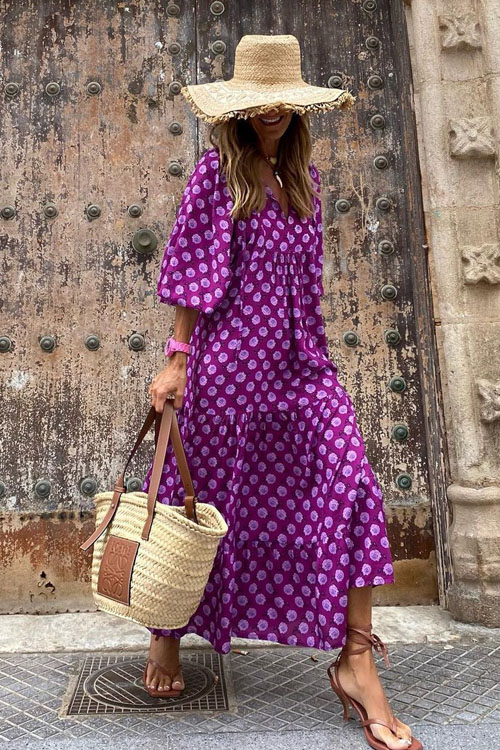 Bohemian Lantern Sleeves Long Print Swing Dress