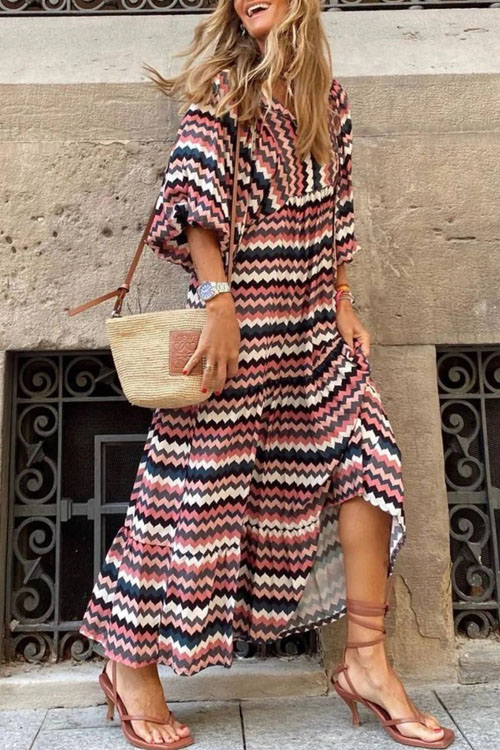 Bohemian Lantern Sleeves Long Print Swing Dress