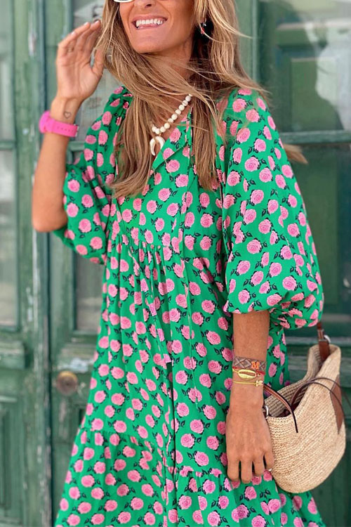 Bohemian Lantern Sleeves Long Print Swing Dress
