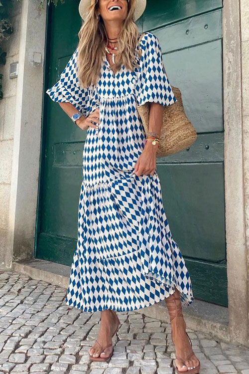 Bohemian Lantern Sleeves Long Print Swing Dress