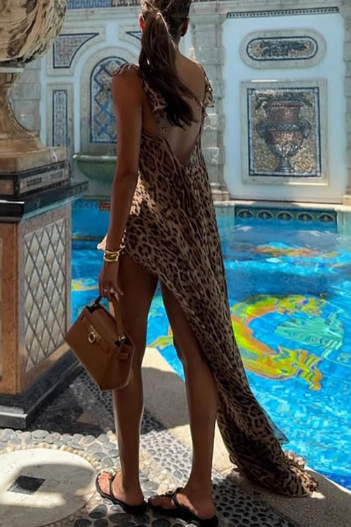 Nonnadress Chiffon Printed Halter Long Dress Leopard Printed Two-piece Set