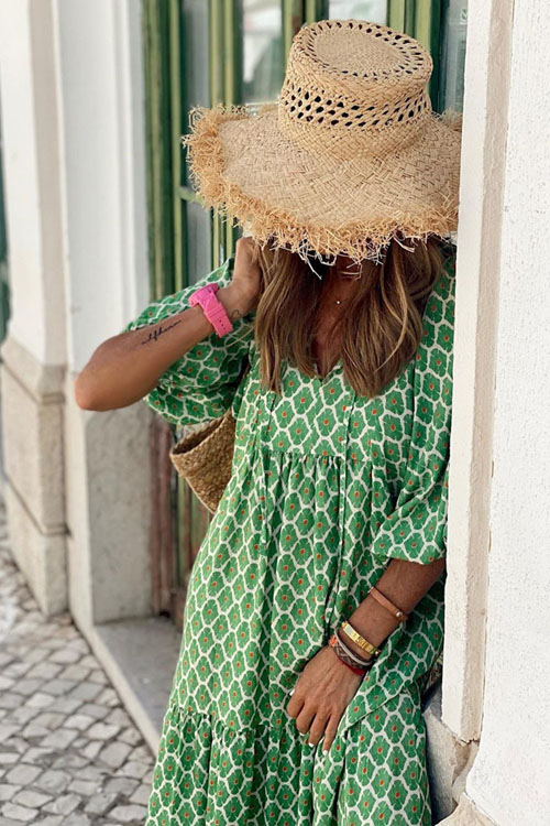 Bohemian Lantern Sleeves Long Print Swing Dress