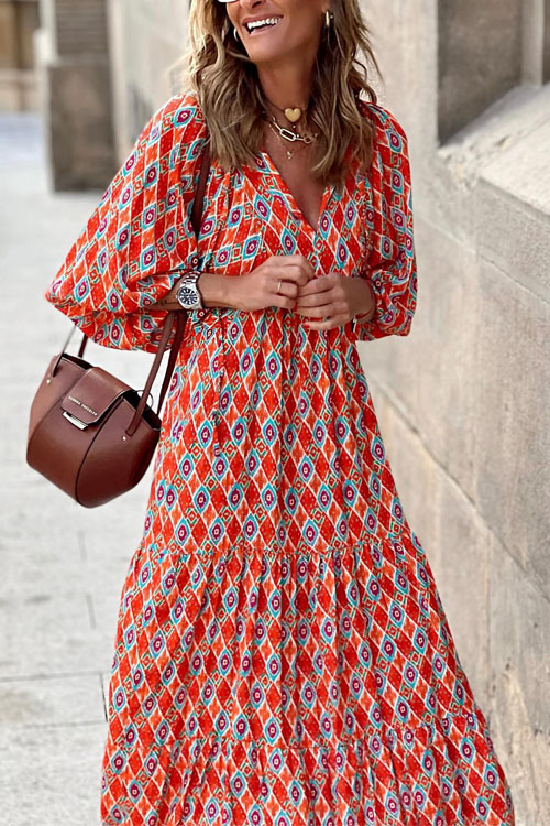 Bohemian Lantern Sleeves Long Print Swing Dress
