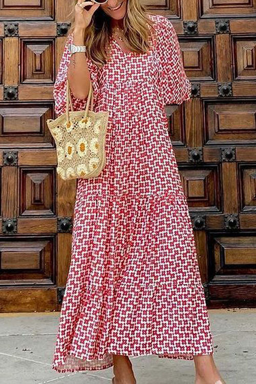 Bohemian Lantern Sleeves Long Print Swing Dress