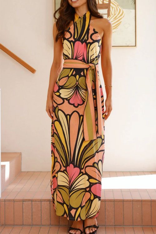 Nonnadress Printed Hanging Neck Belt Vacation Dress