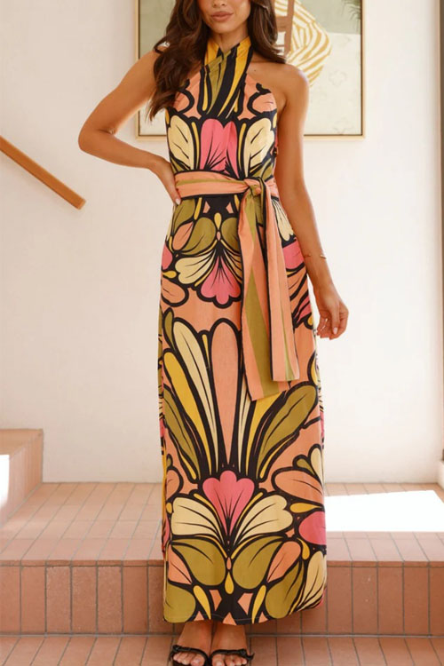 Nonnadress Printed Hanging Neck Belt Vacation Dress