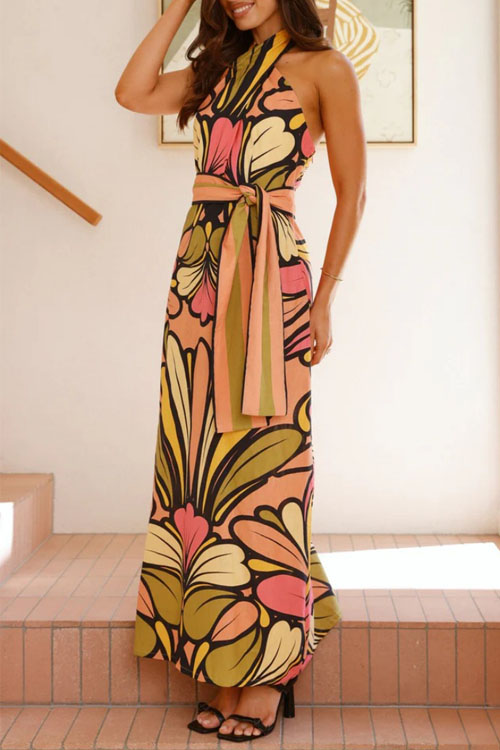 Nonnadress Printed Hanging Neck Belt Vacation Dress