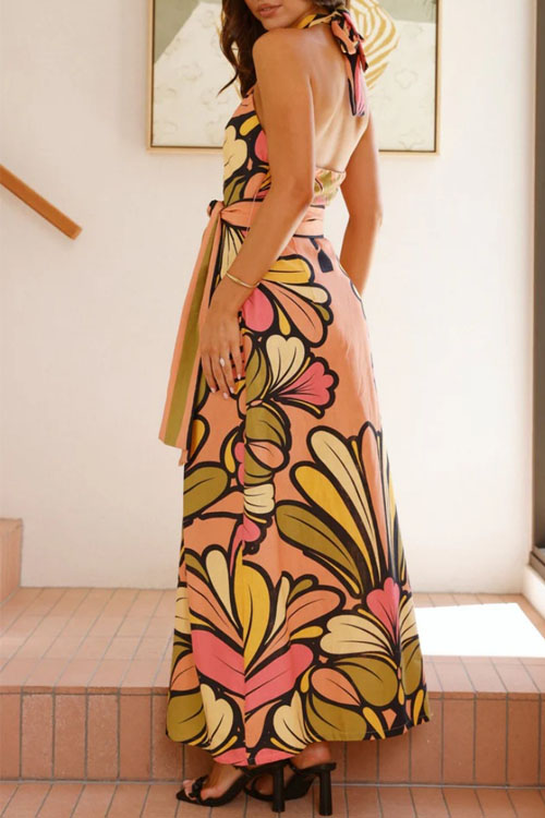 Nonnadress Printed Hanging Neck Belt Vacation Dress