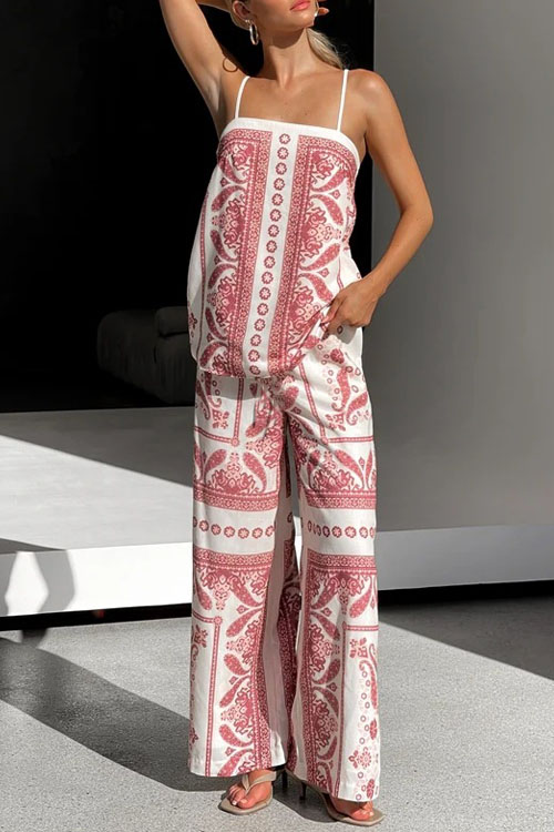Nonnadress Printed Loose Cami Top & Wide Leg Straight Pants Set