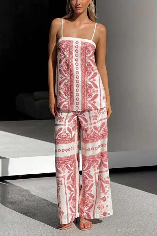 Nonnadress Printed Loose Cami Top & Wide Leg Straight Pants Set