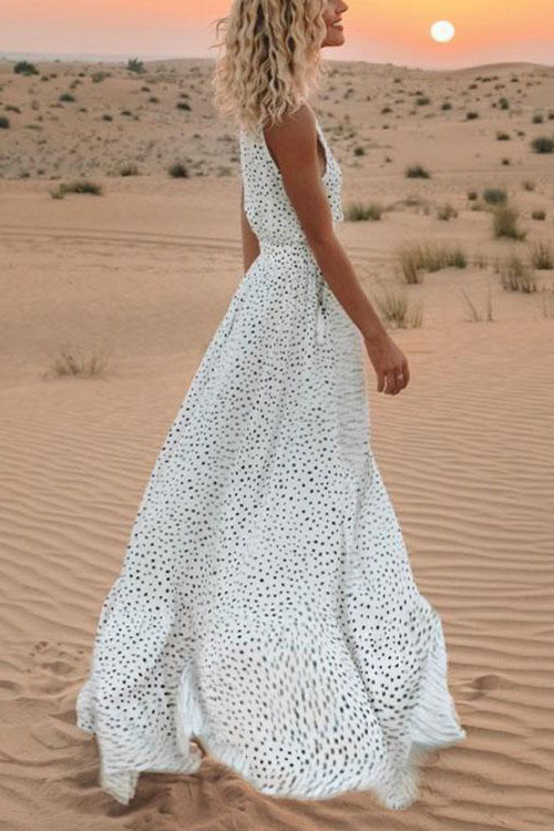V-neck Sleeveless Holiday Beach Polka Dot Bohemian Dress