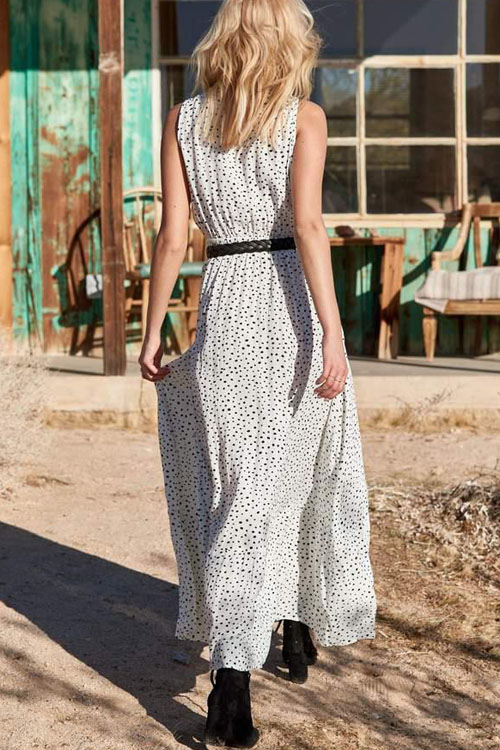 V-neck Sleeveless Holiday Beach Polka Dot Bohemian Dress