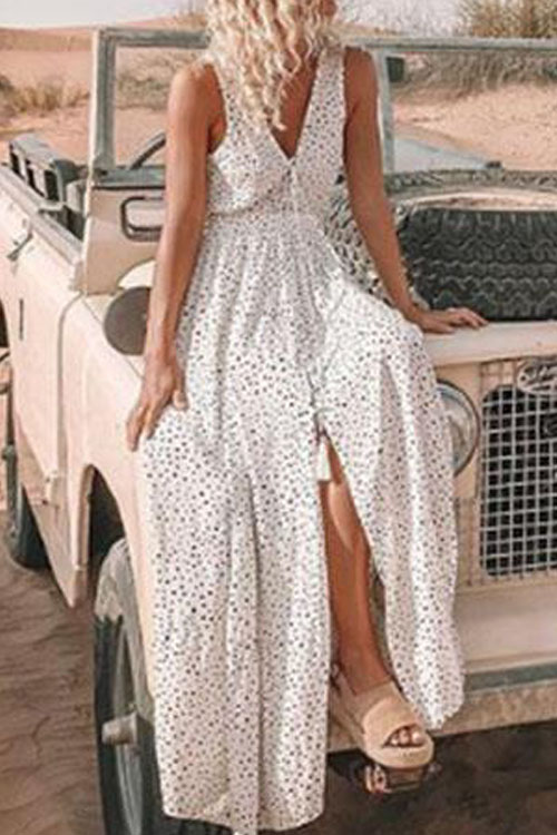 V-neck Sleeveless Holiday Beach Polka Dot Bohemian Dress