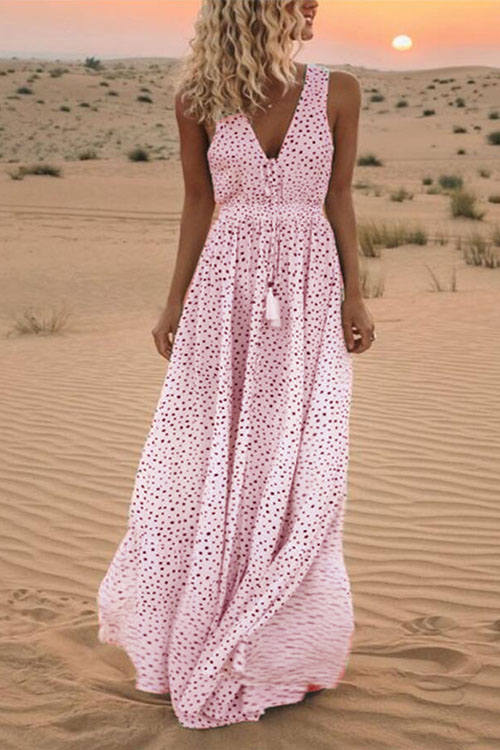 V-neck Sleeveless Holiday Beach Polka Dot Bohemian Dress