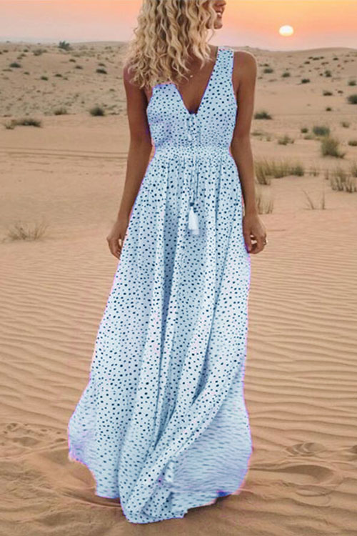 V-neck Sleeveless Holiday Beach Polka Dot Bohemian Dress