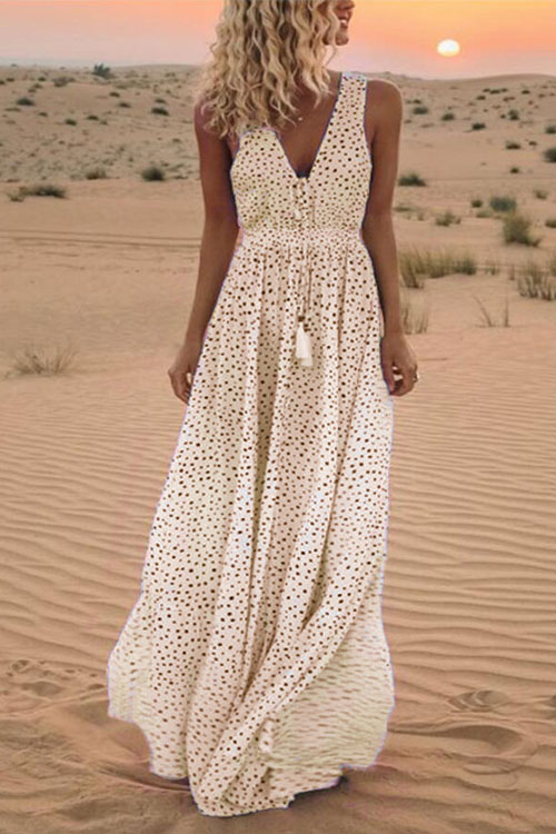 V-neck Sleeveless Holiday Beach Polka Dot Bohemian Dress