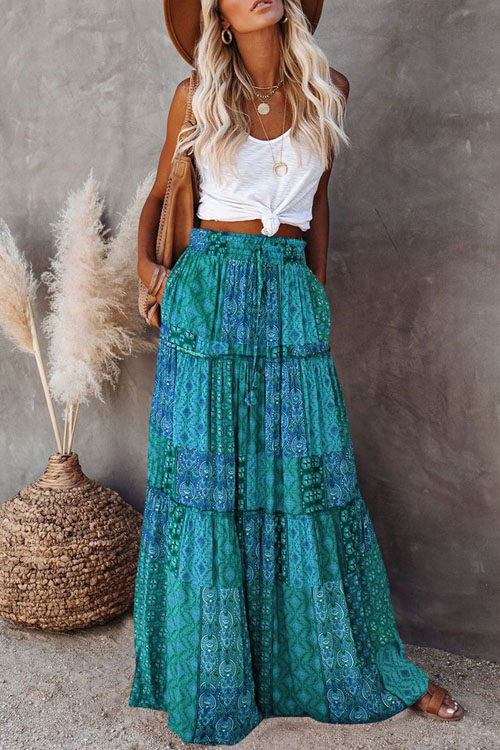 Bohemian style loose casual high waist long skirt