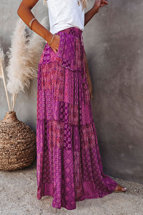 Bohemian style loose casual high waist long skirt