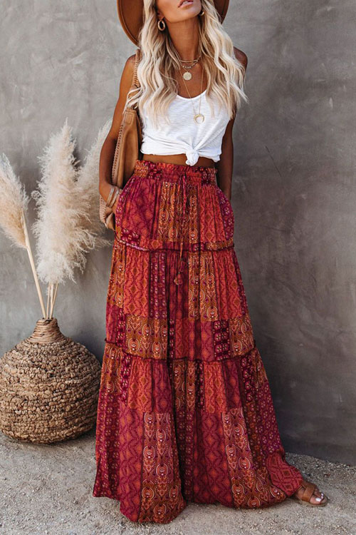 Bohemian style loose casual high waist long skirt